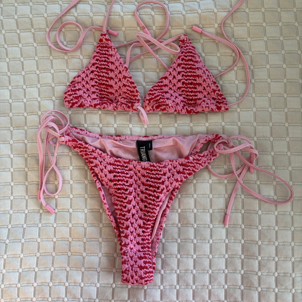 Triangl Pink Crochet Triangle Bikini Set